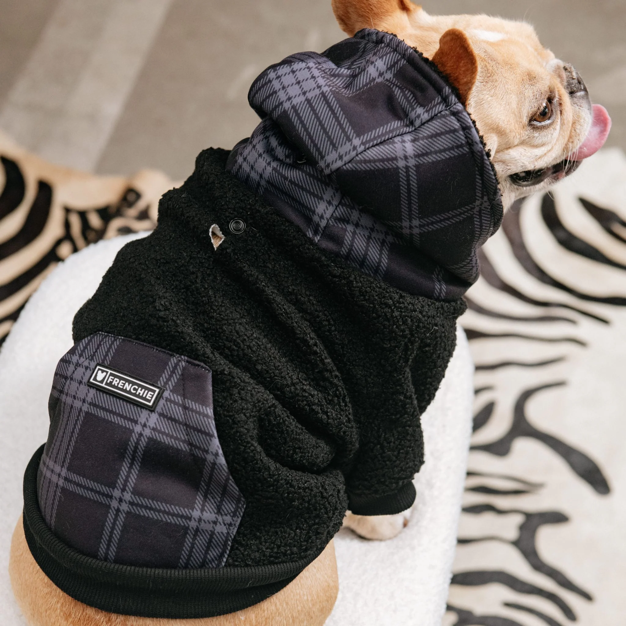 Frenchie Dog Hoodie - Black Plaid - Image 6
