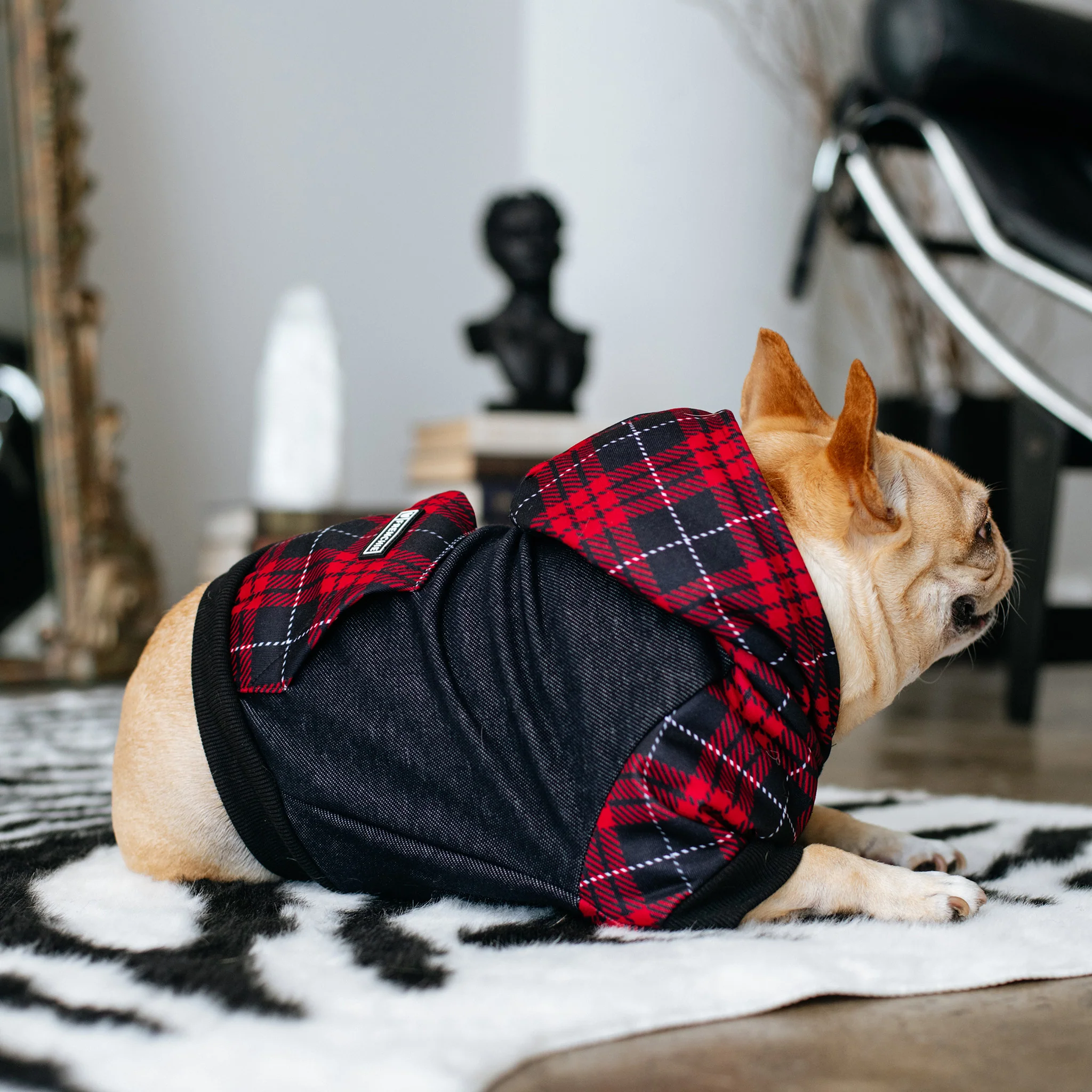 Frenchie Dog Hoodie - Red Tartan - Image 4